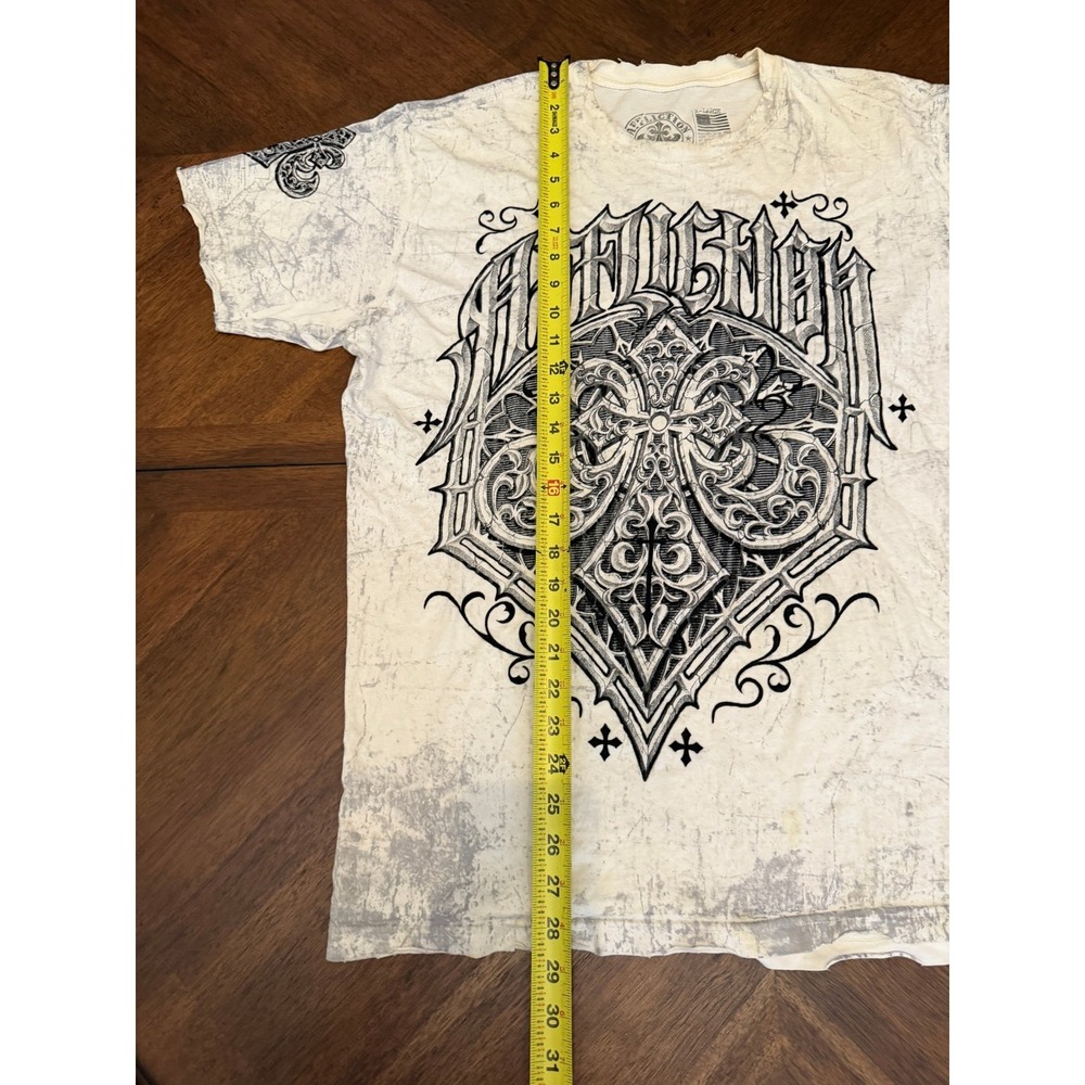 Affliction Mens Graphic T-Shirt XL White Gothic Fleur De Lis Distressed Y2K MMA - Picture 5 of 7